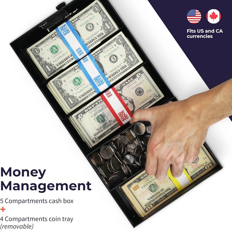 Volcora Cash Box Money Organizer - 15” x 7.5” x 4” Cashbox 5 Compartments Drawer Tray - Bills and Coin Slot with Combination Lock for POS Register, Kiosk, Retail, Personal and Business Use, Black - Image 3